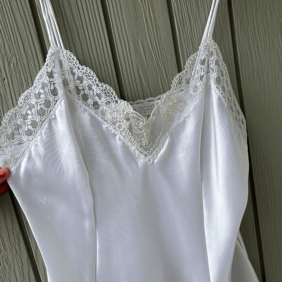 Vintage Val Mode White Satin Slip Dress w/ Pearl Lace – Large - Picture 6 of 9